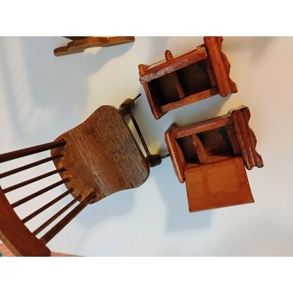 Vtg 1:12 Scale Wooden Dollhouse Furniture Lot Wardrobe Dresser Crib Chairs as-is